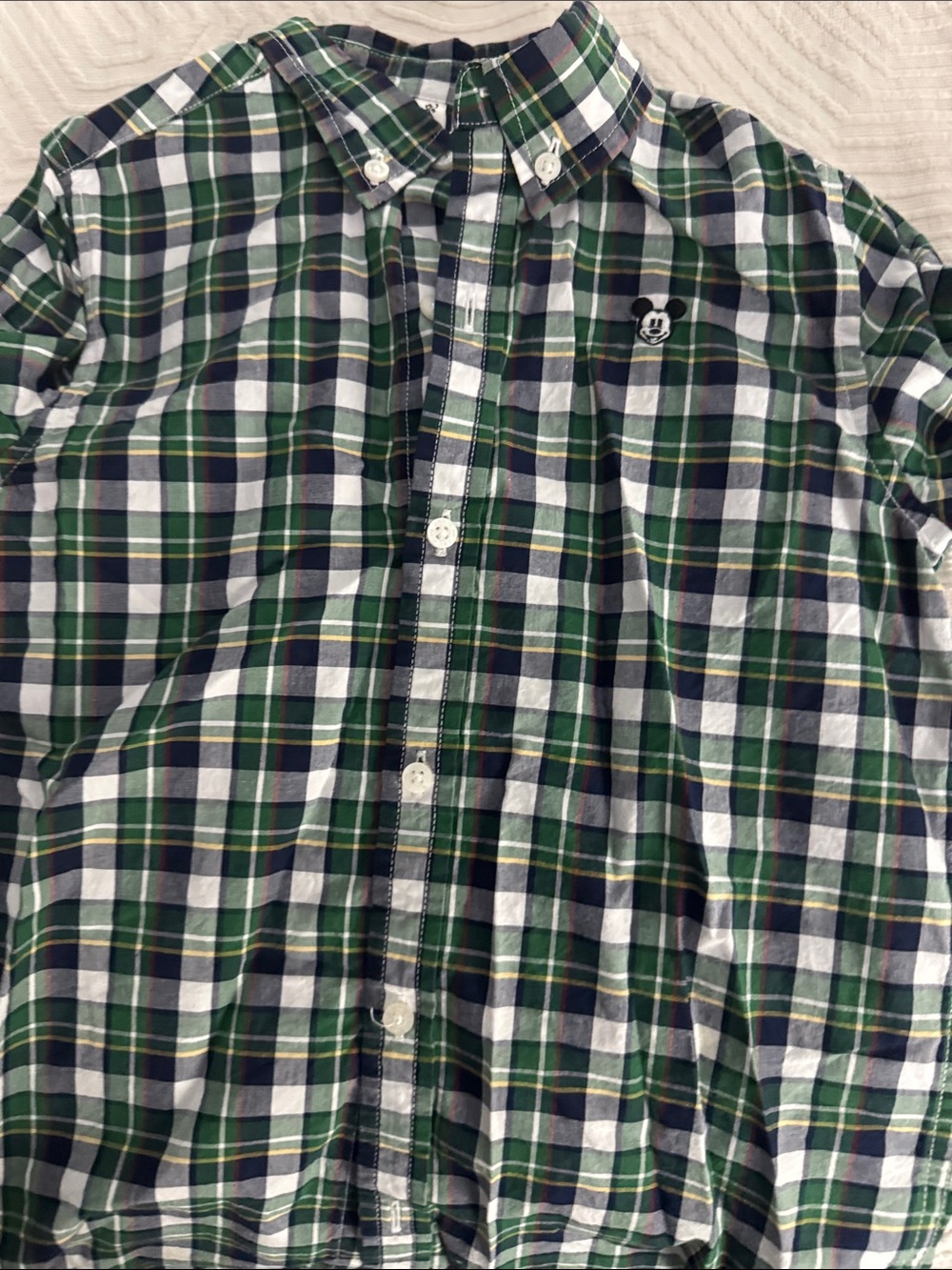 Disney Green Navy White Plaid Button-Down Shirt with Mickey Patch